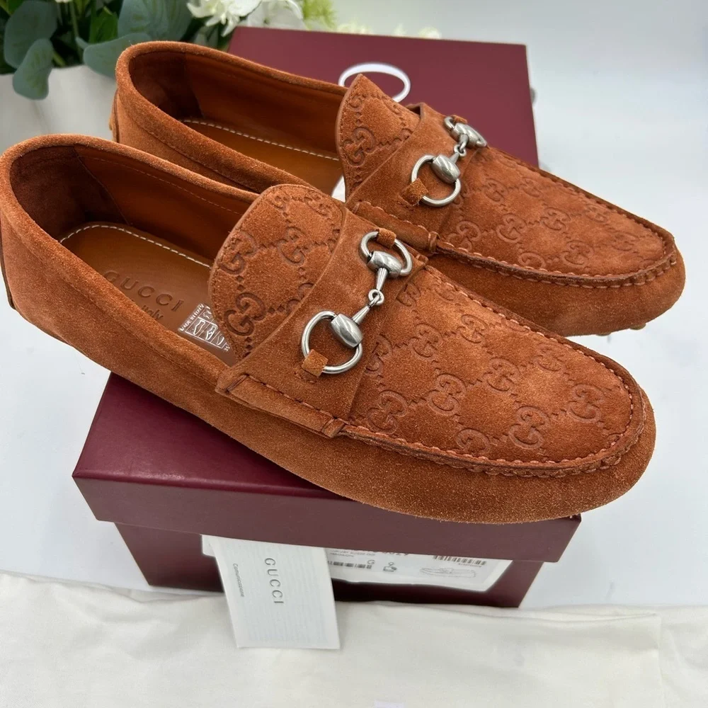 Men's Gucci horse bit suede GG loafers size 9 fits 10 US made in Italy